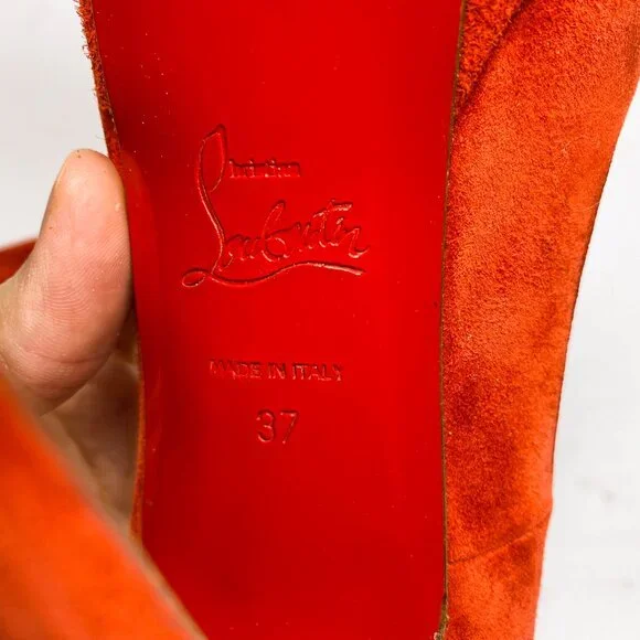 Christian Louboutin Fiery Red Peep-Toe Heels - Picture 8 of 10